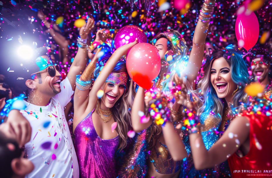 Colorful party scene with joyful people, confetti, balloons, and glitter