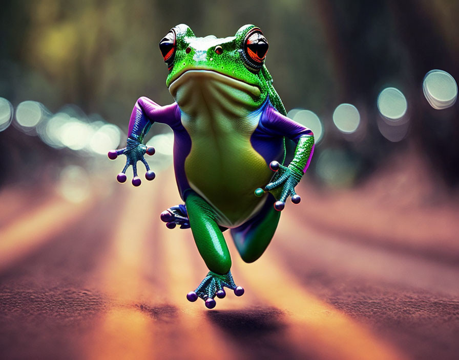 Oversized-eyed animated frog leaping in forest trail setting