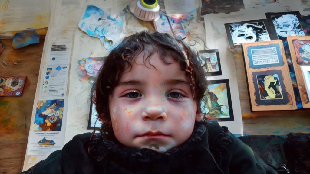 Child with Painted Face in Front of Colorful Artwork