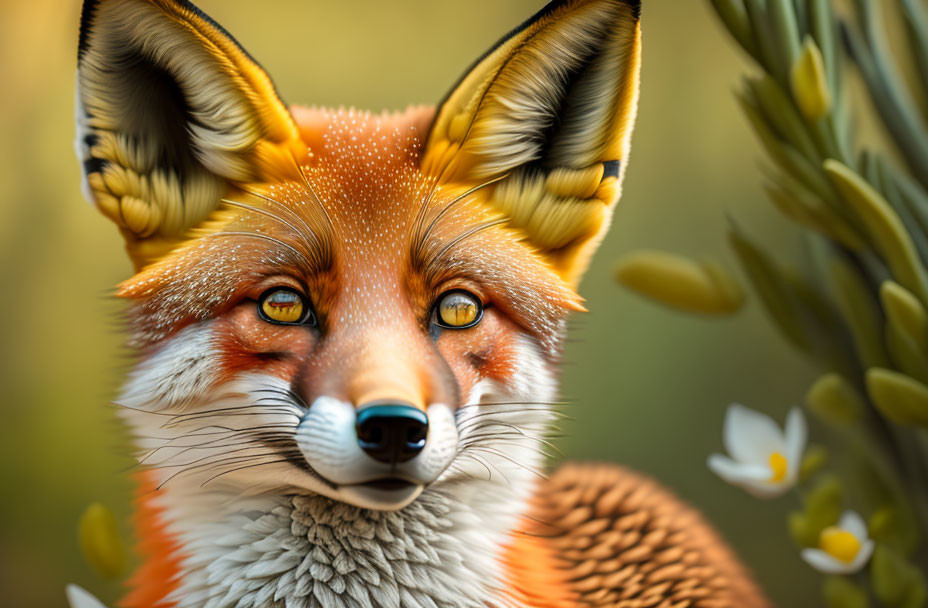 Detailed illustrated fox with vibrant fur and expressive eyes in soft-focus background