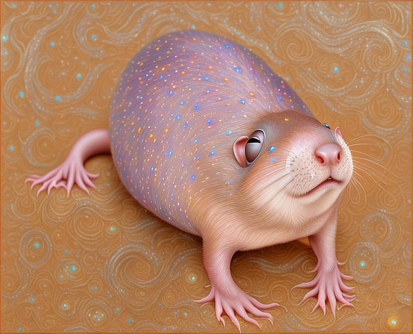 Colorful creature illustration with rodent body and sparkly fur on orange background