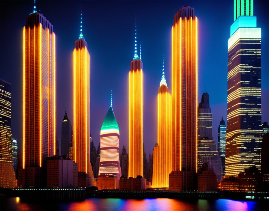 Colorful illuminated skyscrapers on vibrant night skyline.