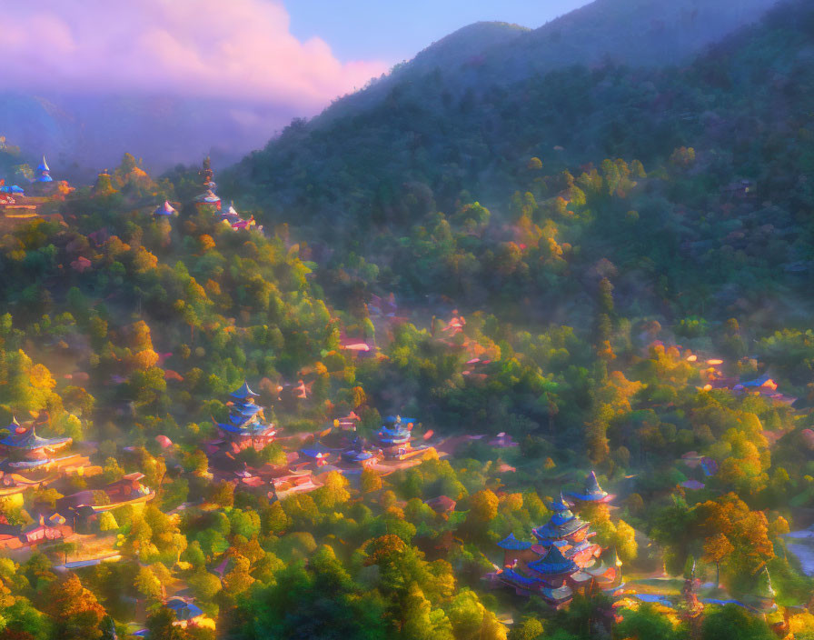 Scenic misty mountain village with pagoda-style buildings and autumn trees in golden sunlight