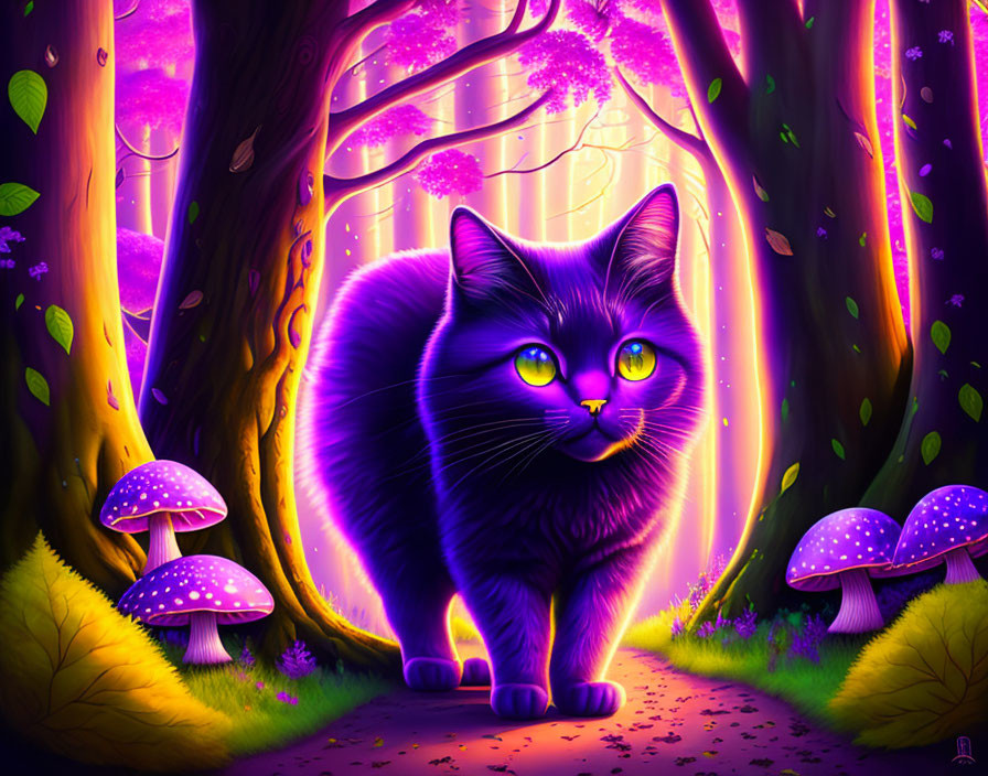 Enchanted purple forest with glowing black cat and mushrooms