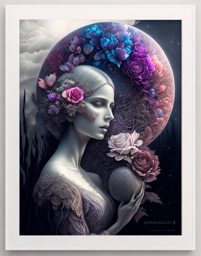 Surreal woman with floral hair and lunar elements holding a rose