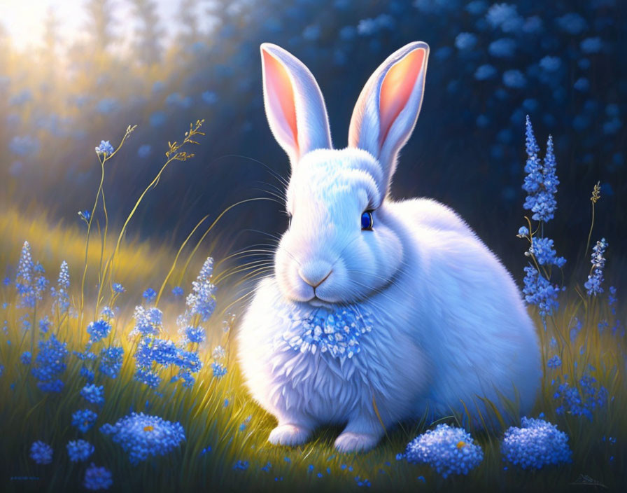 White Rabbit in Blue Flower Field at Sunrise or Sunset