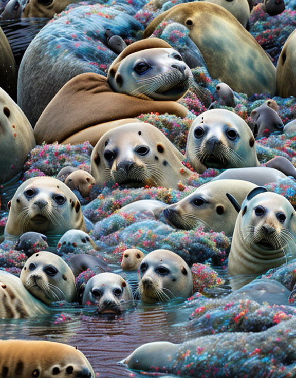 Group of seals with varied expressions and markings in colorful underwater scene