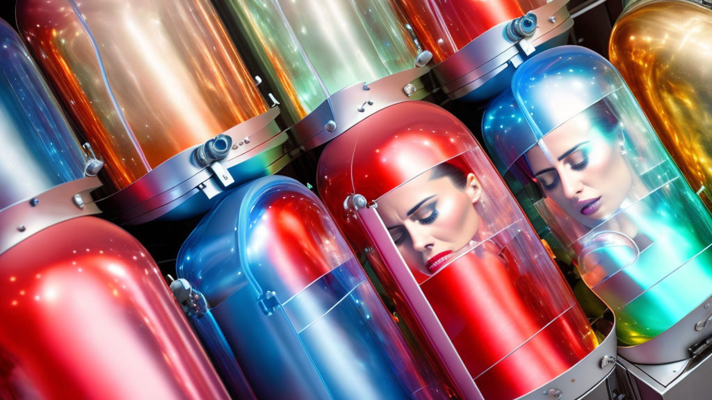 Colorful suspended animation pods with women's faces in futuristic scene