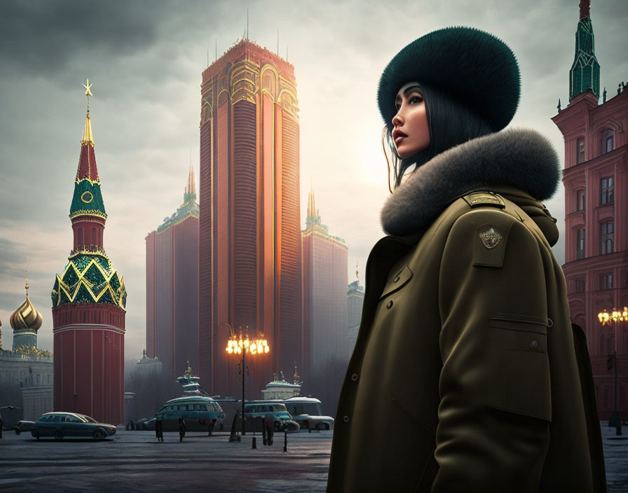 Person in green coat and fur hat at Red Square, Moscow with Kremlin and Saint Basil's Cathedral.