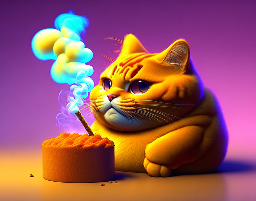 Stylized orange tabby cat looking at lit blue firework on cake-like base