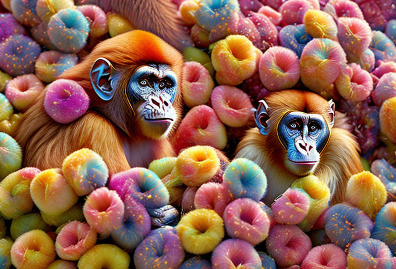 Colorful Mandrill Monkeys with Vibrant Objects