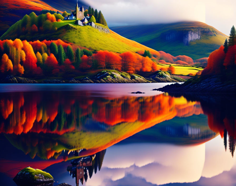 Colorful Autumn Landscape with Lake, Church, and Purple Mountains