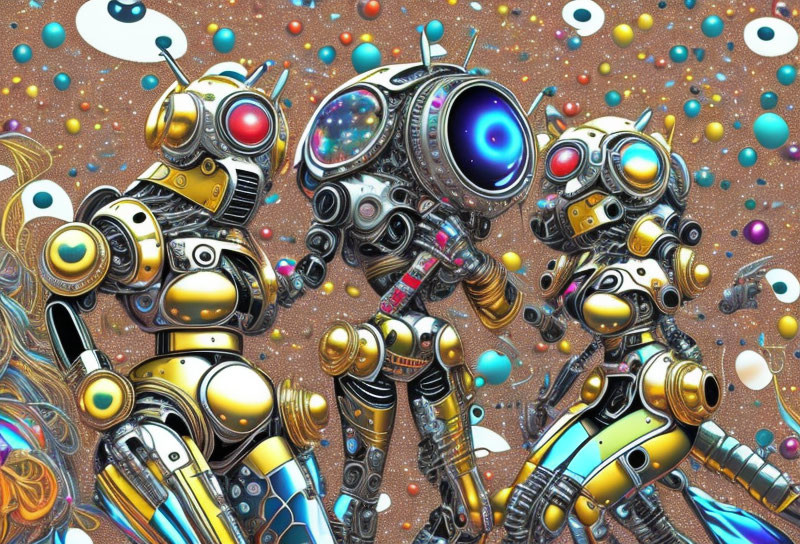 Whimsical robot illustration with colorful, intricate designs and playful sci-fi setting