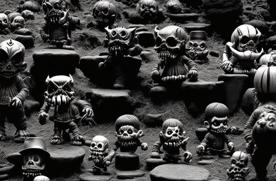 Monochrome spooky figurines: skeletons, monsters on staggered shelves