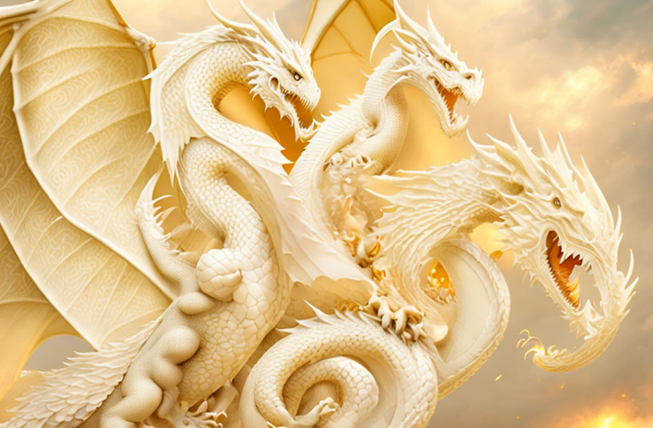 Detailed golden dragon illustration on warm cloudy background