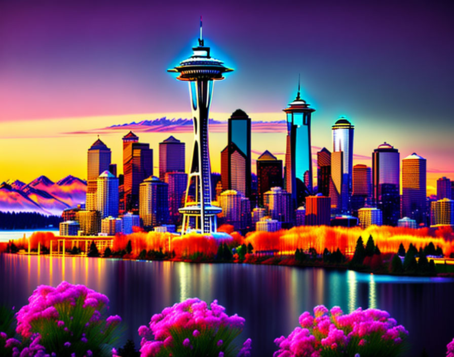 Colorful city skyline with tower, mountains, and water reflection.