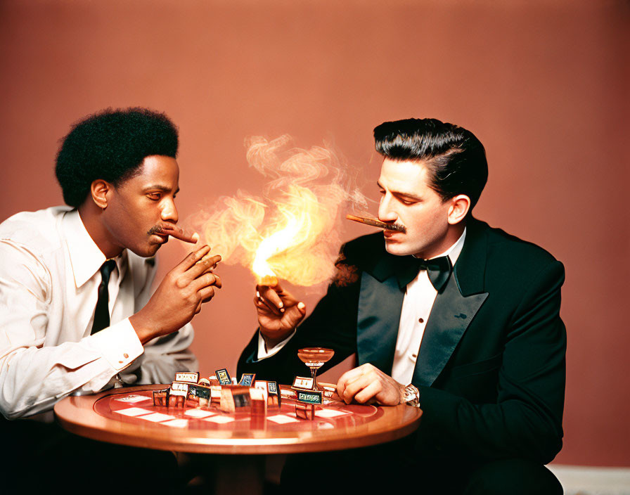 Two Men Lighting Cigar at Checkered Table with Matchboxes