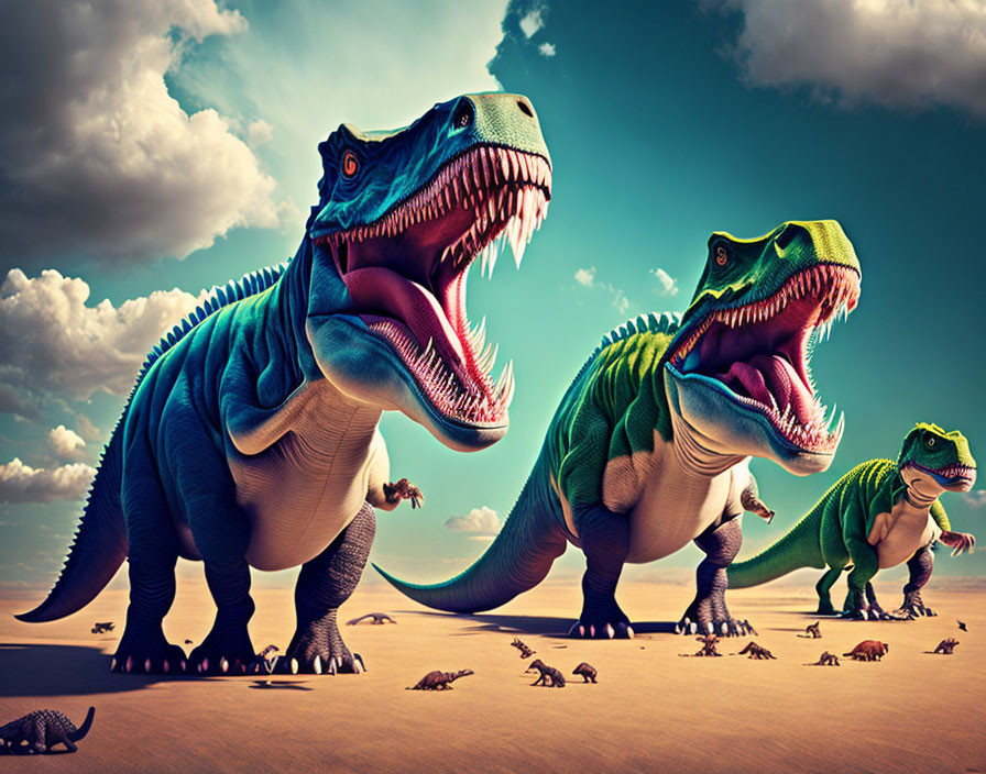 Colorful Tyrannosaurus Rex Dinosaurs Under Blue Sky with Lizard-Like Creatures