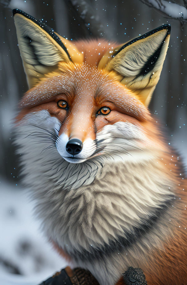 Red Fox with Intense Amber Eyes in Snowy Forest Scene