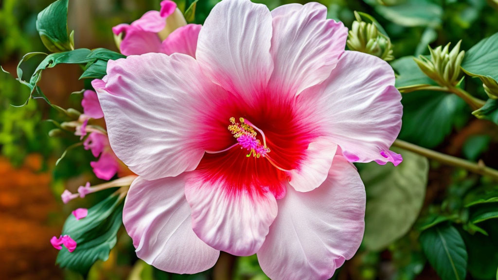 Vibrant pink hibiscus flower with red center and yellow stamen among green leaves