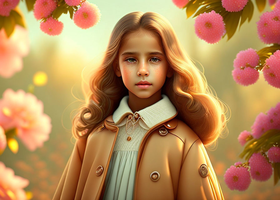 Young girl with wavy hair in beige coat surrounded by pink blossoms in golden-lit setting