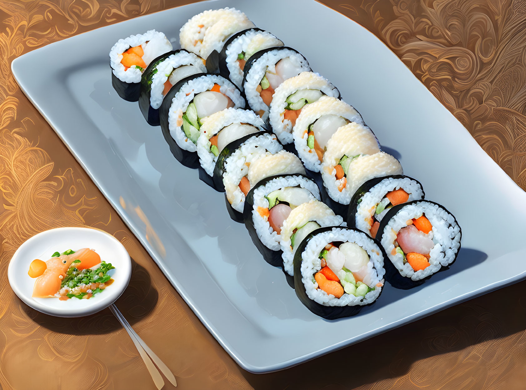 Assorted Sushi Rolls with Pickled Ginger and Wasabi on Patterned Table