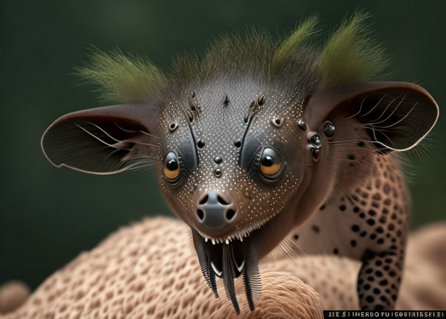 Whimsical digital creature with big eyes and green spiky hair