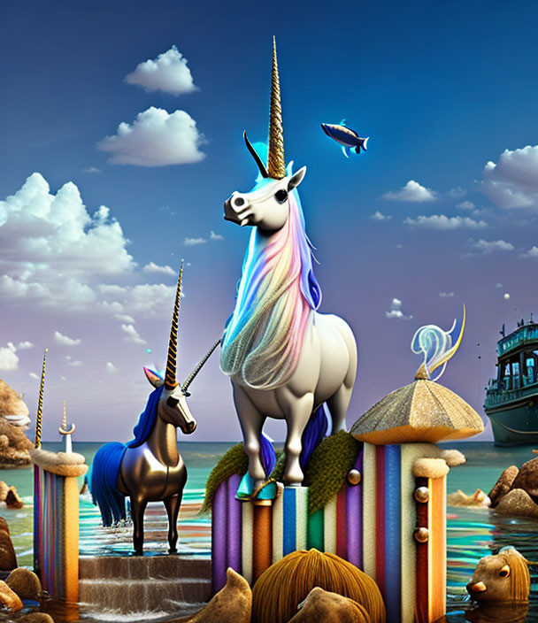 Stylized unicorns with rainbow manes by the sea and ship in the distance