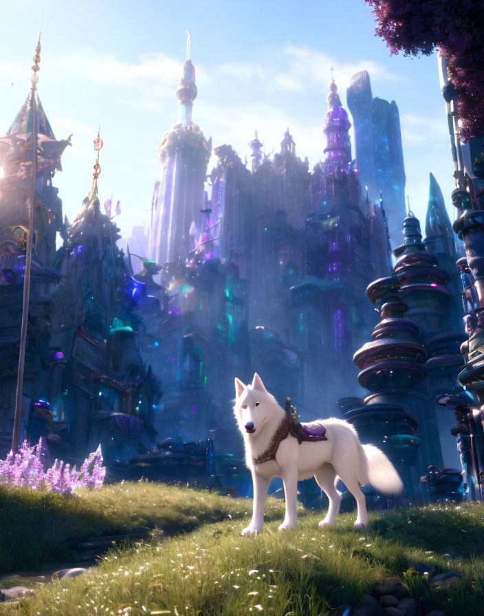 Futuristic Cityscape with Majestic White Wolf