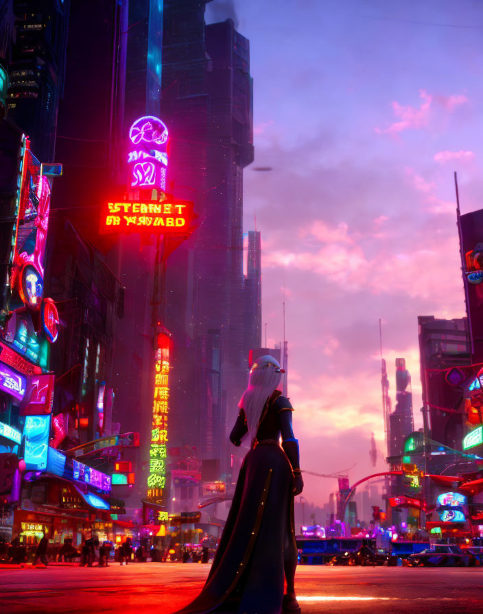 Futuristic cityscape with neon lights at dusk