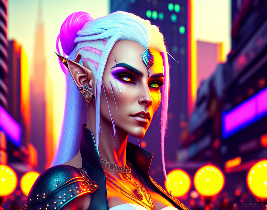 Female elf portrait with white hair, purple eyes, and fantasy makeup in neon-lit urban setting