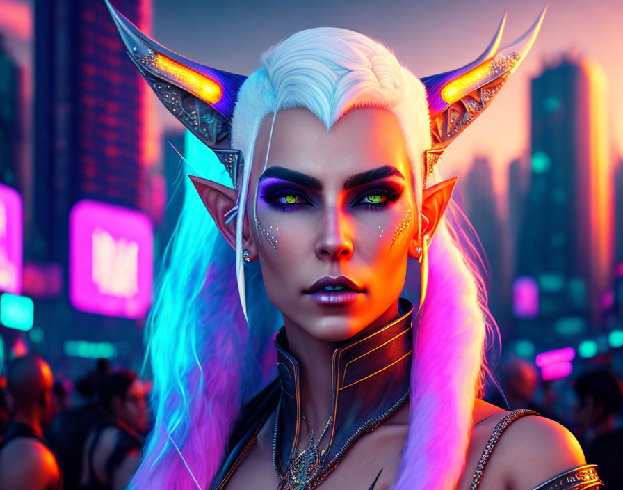 White-Haired Elf with Purple Eyes in Neon Cityscape