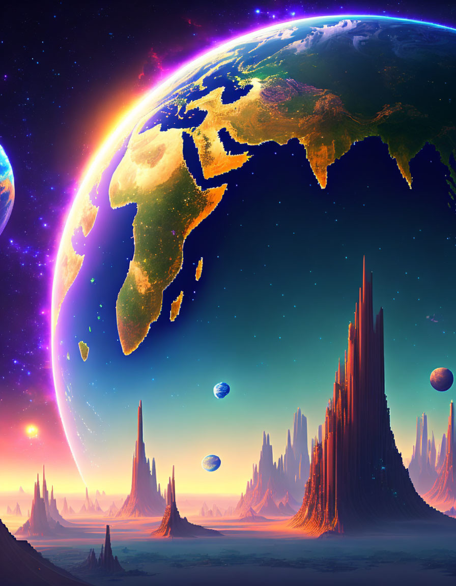 Colorful Sci-Fi Landscape with Earth, Celestial Bodies, and Alien Structures