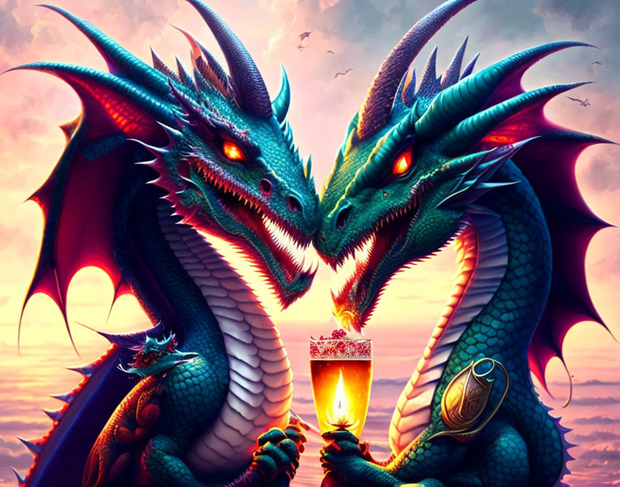 Blue Dragons Nuzzle with Glowing Chalice in Sunset Scene