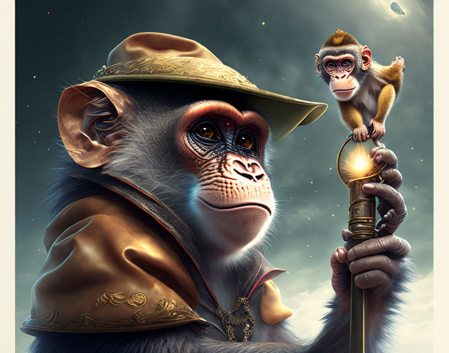 Chimpanzee in Hat Holding Staff with Monkey on Top in Night Sky