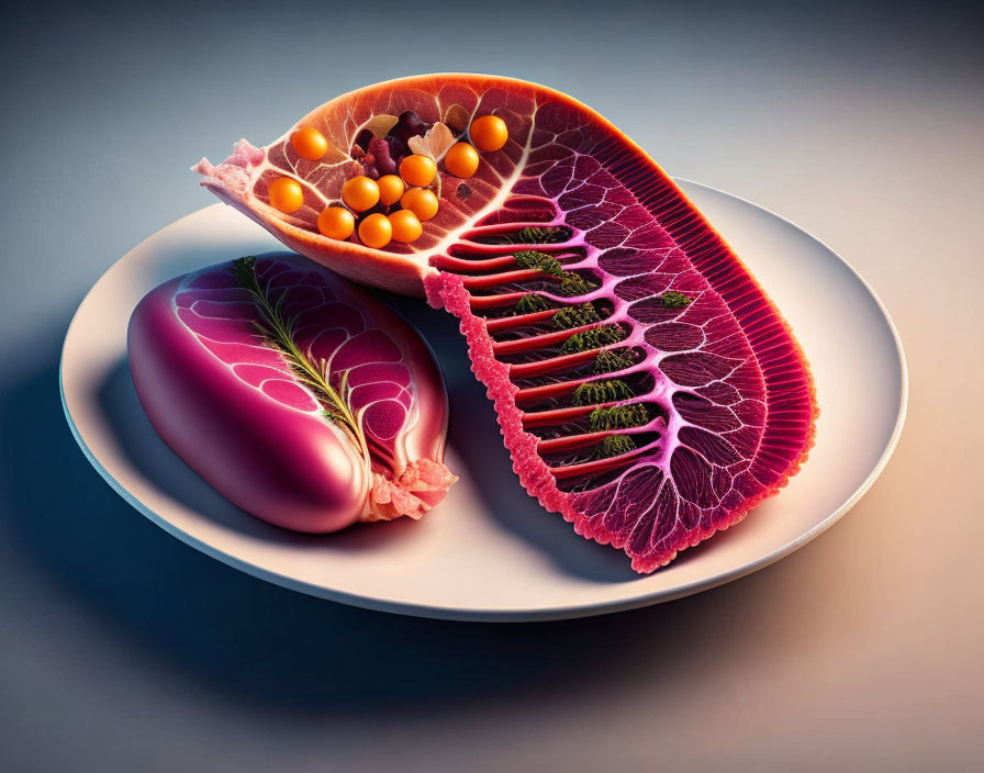 Surreal 3D model of citrus fruit with jewel-like seeds on plate