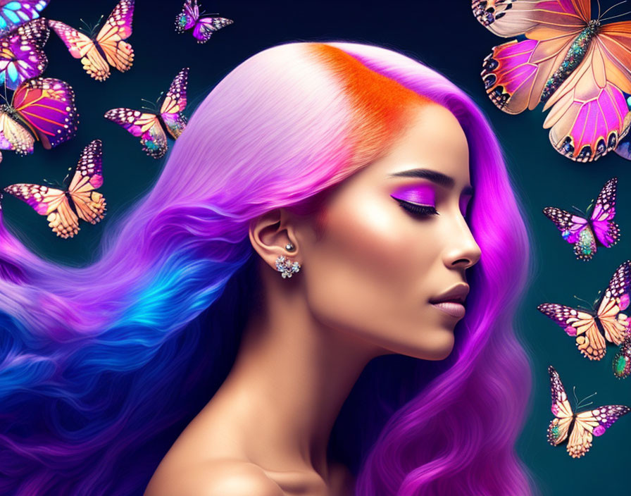 Woman with Purple and Blue Hair and Butterflies on Teal Background