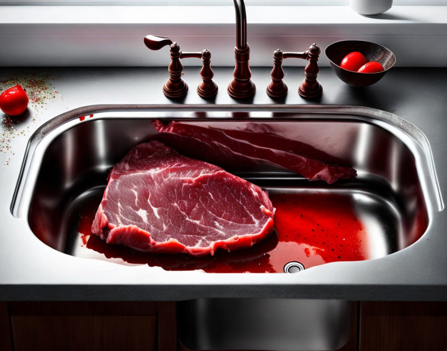 Raw steak in stainless steel sink with red-tinted water, bronze faucet, and tomatoes on counter