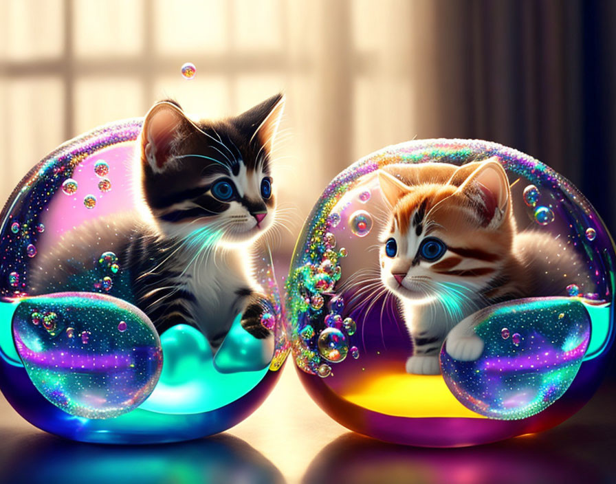 Adorable kittens in cosmic glittery bubbles with sunlight filter.