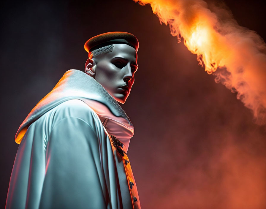 Stylized male mannequin in beanie and cloak with flames, under moody lighting