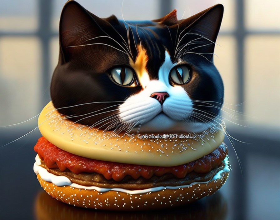 Realistic cat with calico pattern morphs into cheeseburger