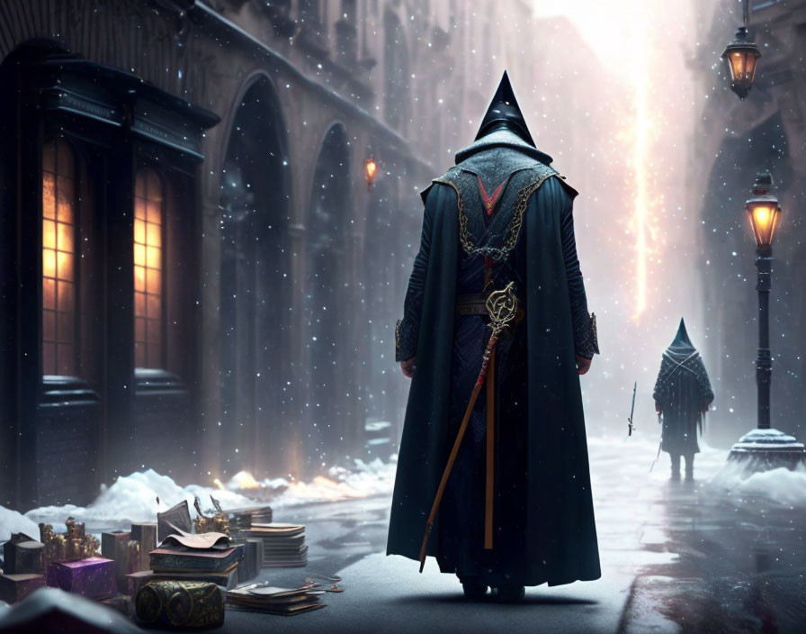 Mysterious cloaked figure in snowy alley with lantern and books.