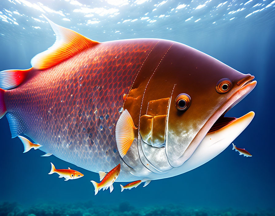 Colorful large fish with pointed snout and reddish-brown scales swimming in deep blue ocean with