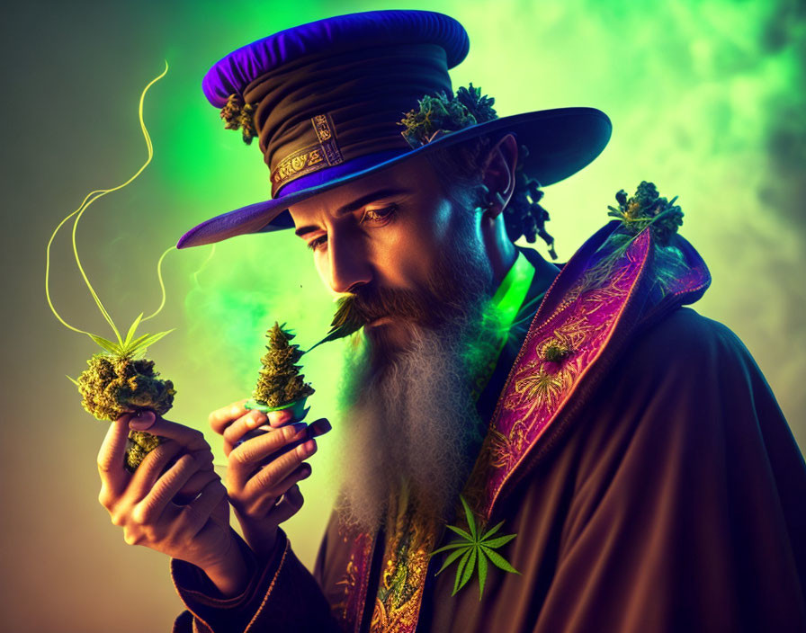 Elaborate Cannabis-Themed Outfit with Purple Hat and Cloak