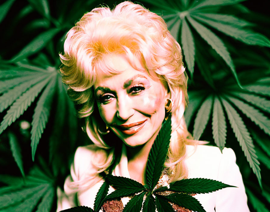 Blonde woman portrait with voluminous hair on green cannabis leaf backdrop