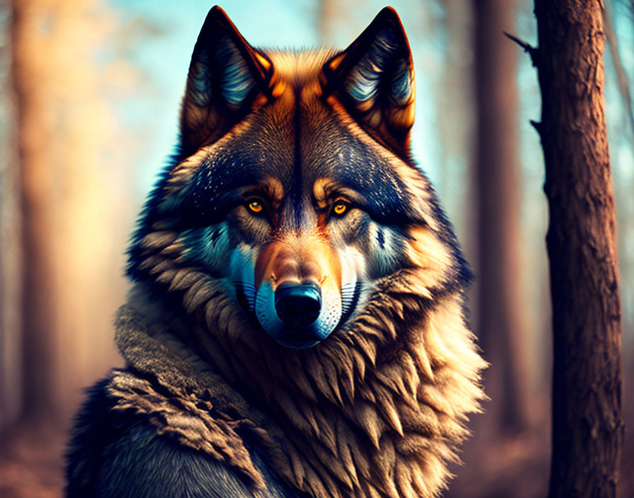 Digitally manipulated image: Wolf with human-like eyes and mask in forest.