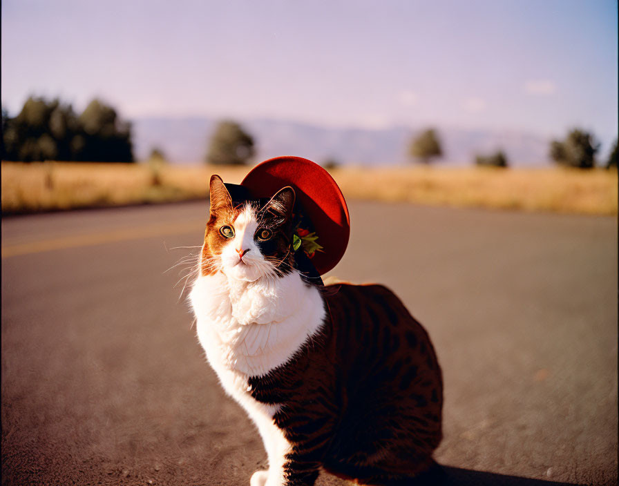 Calico Cat in Red Hat on Road with Blurred Landscape