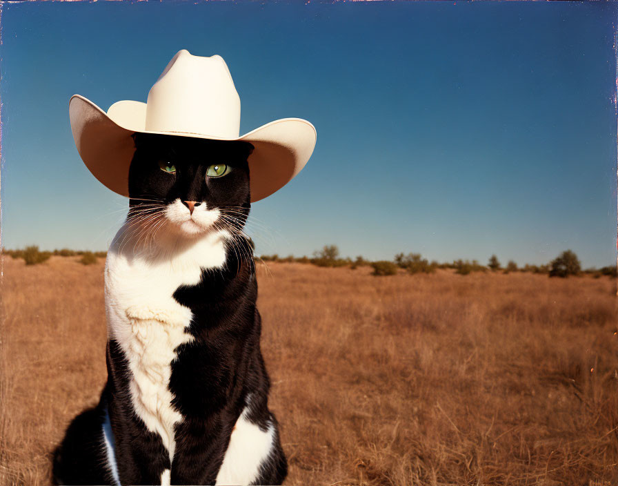 Black-and-White Cat in Cowboy Hat in Field under Blue Sky