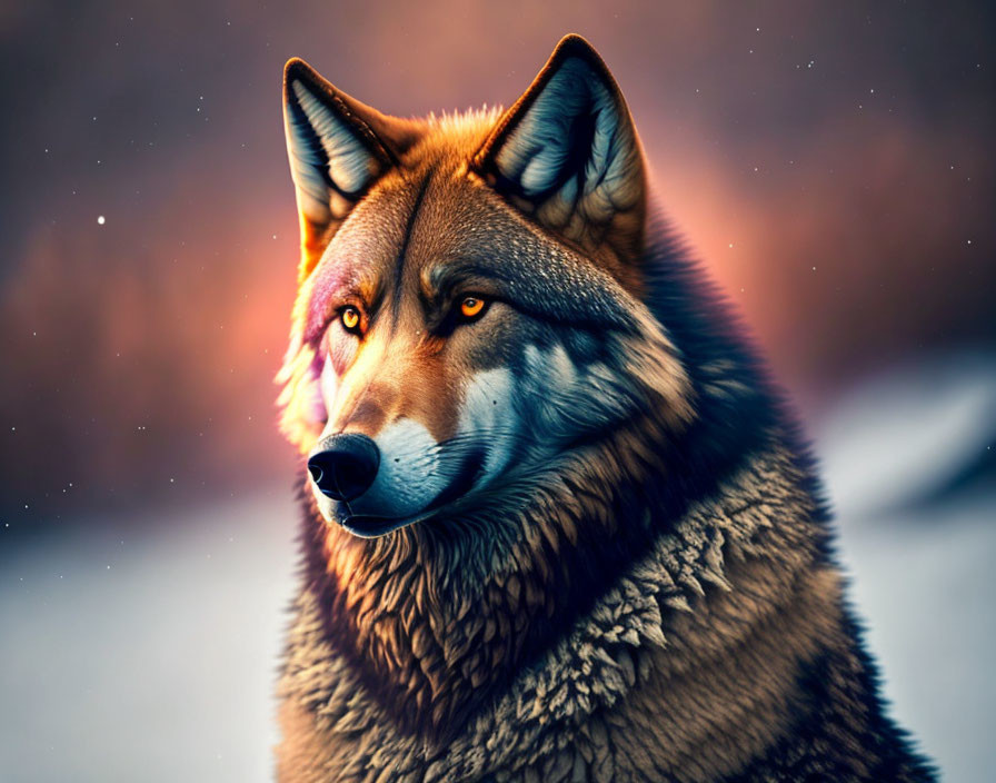 Majestic wolf with piercing eyes in dusk sky with snowflakes