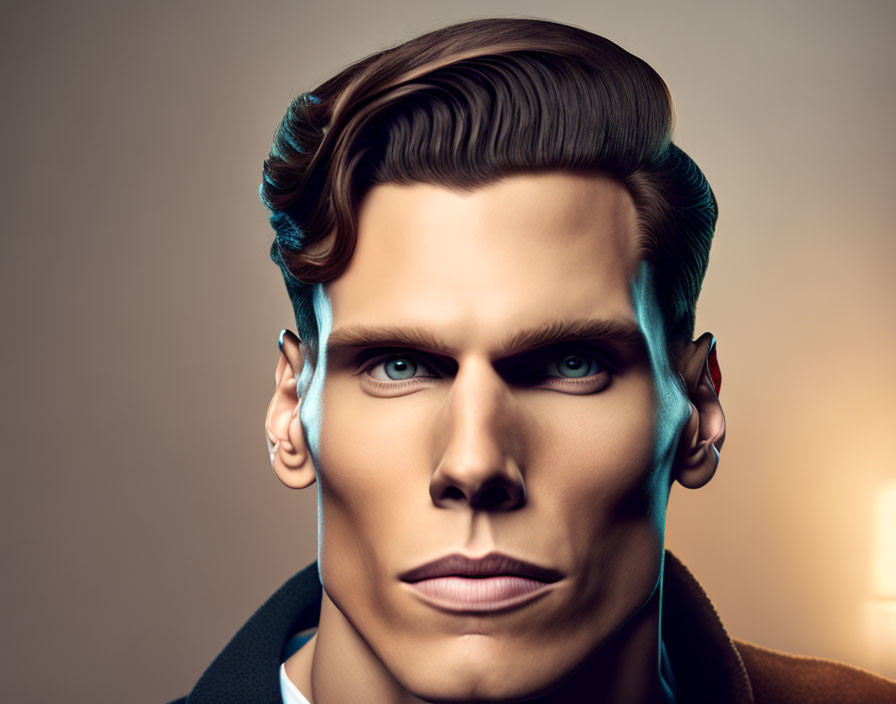 Prominent wave in man's hair with sharp features and intense gaze